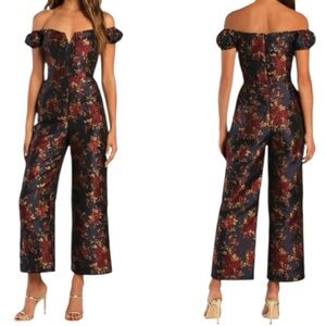 Lulu's Floral Off-Shoulder Jumpsuit - Black and Red